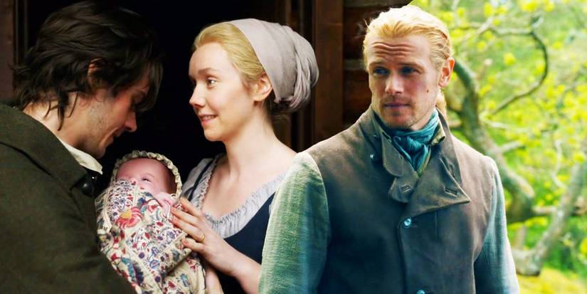 César Domboy as Fergus, Lauren Lyle as Marsali, and Sam Heughan as Jamie in Outlander seasons 6 and 7