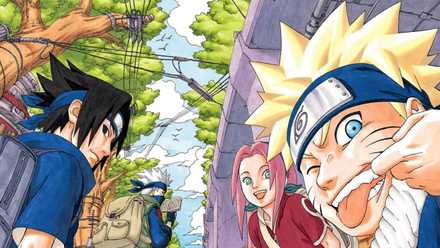 Colored imaged from Naruto manga shows a young Naruto, Sasuke, and Sakura walking with Kakashi as they travel out of the village. Each character is looking towards the viewer.