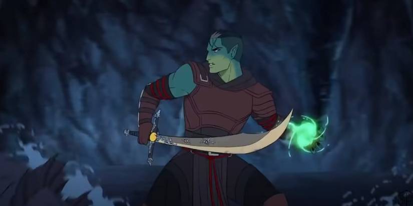 Fjord, from Critical Role's Mighty Nein, holds his sword while readying an Eldritch Blast.