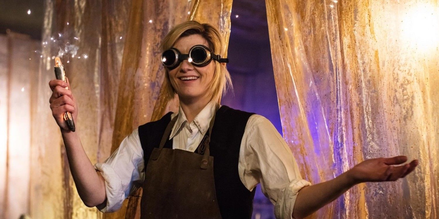 Jodie Whittaker wearing goggles and holding her sonic screwdriver as the Thirteenth Doctor in Doctor Who