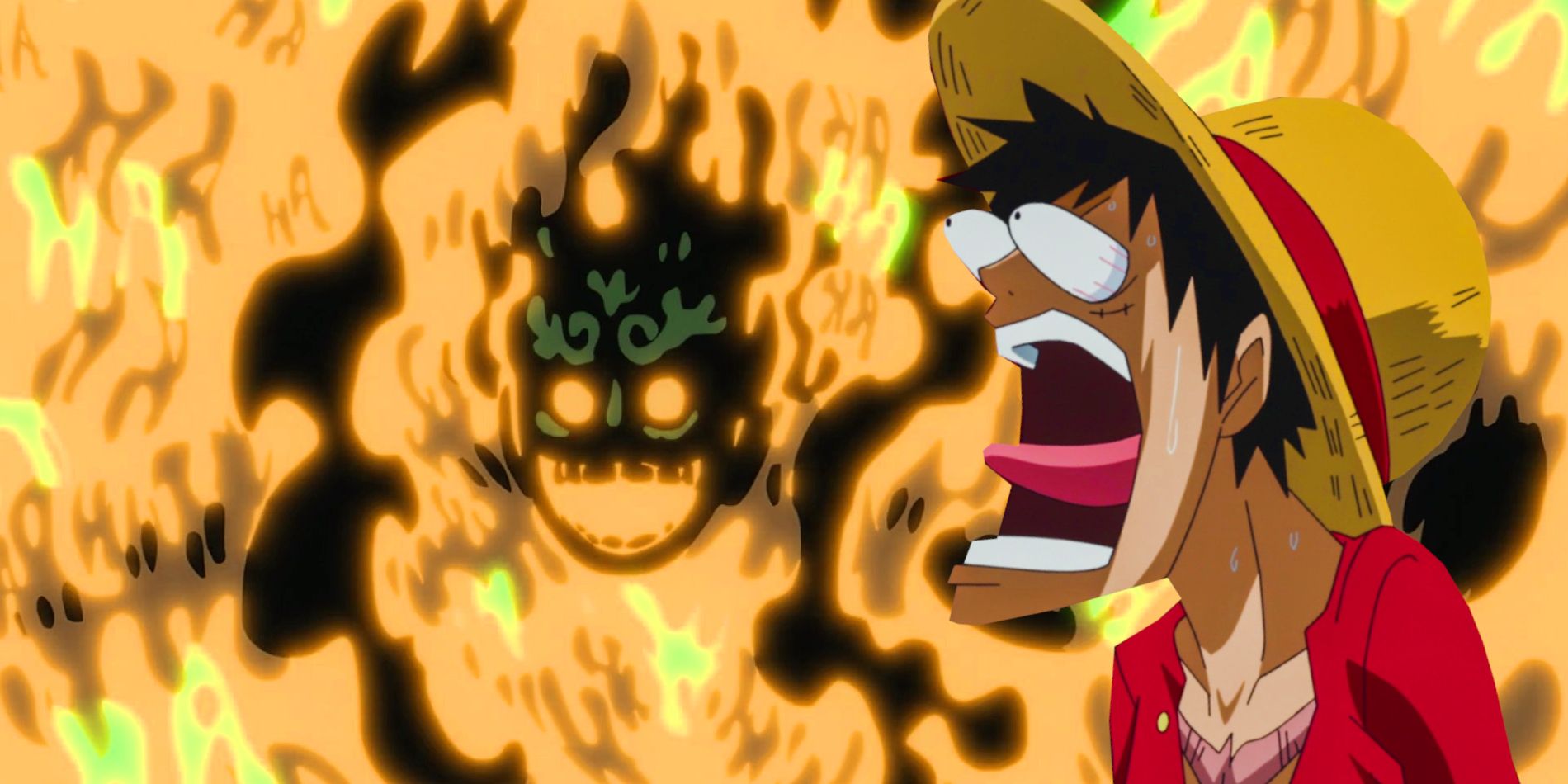 La capture d'écran de l'épisode 1069 de l'anime One Piece montre une image de Luffy's Gear 5 riant à travers un mur de flammes tandis qu'une image normale de Luffy regarde vers lui, choqué, les yeux exorbités et la langue pendante.
