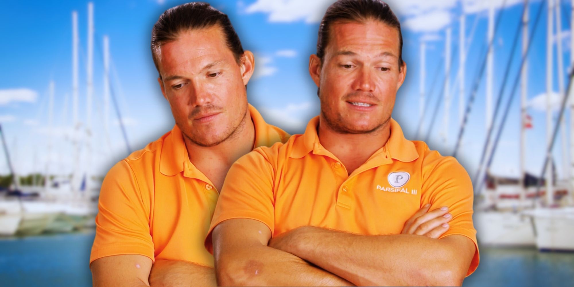 Montage of Below Deck's Gary King looking unhappy orange shirt with yachts in the background