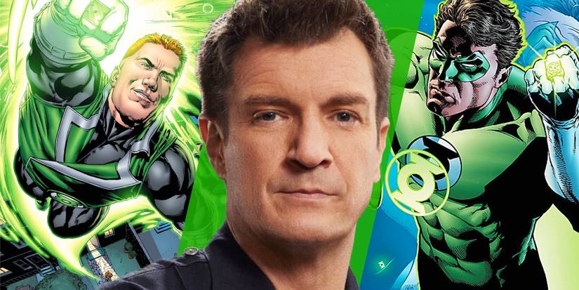 Split image of Green Lantern Guy Gardner over Hal Jordan (Nathan Fillion)