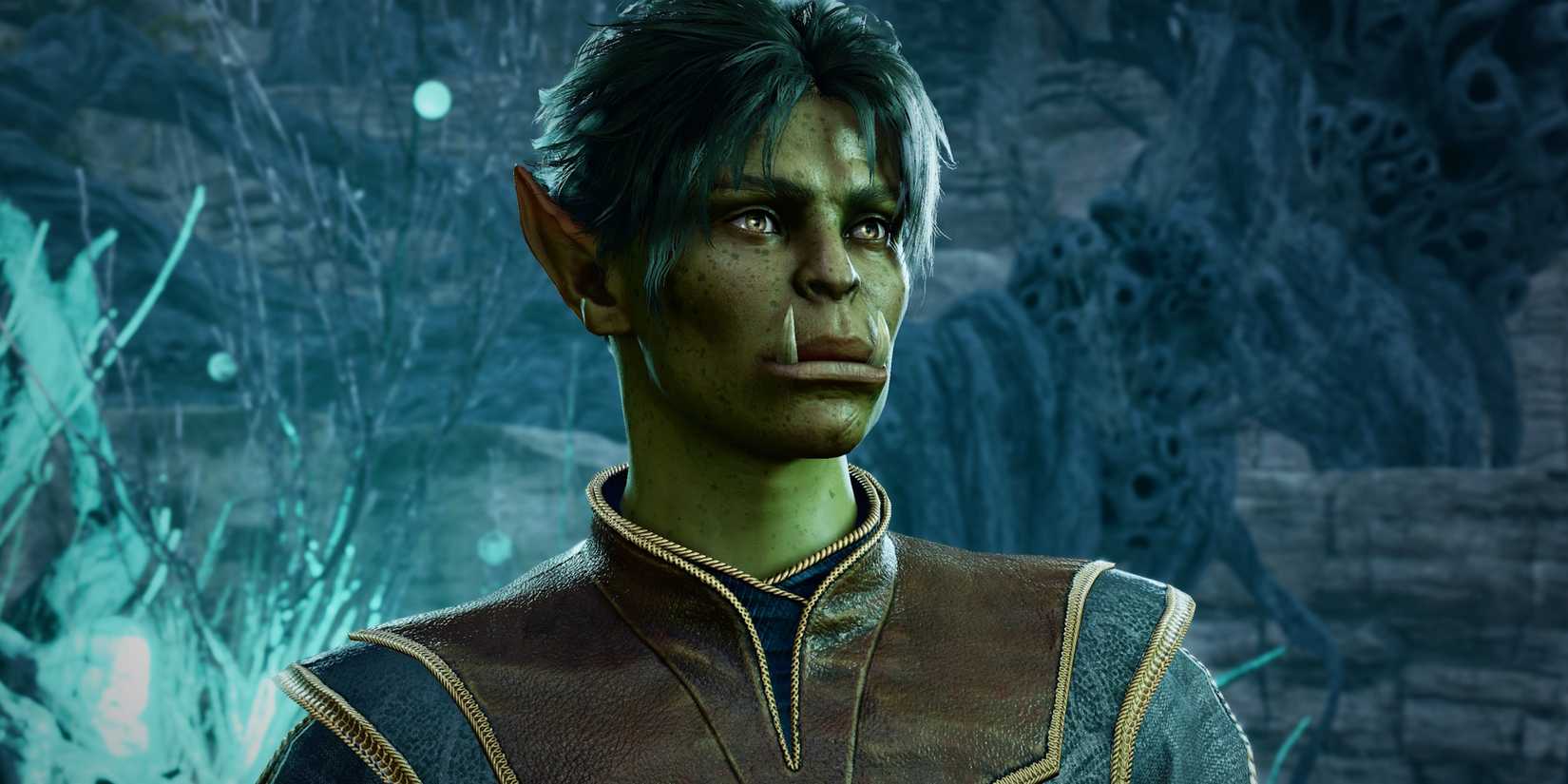 A female half-orc stands in a crystal filled cave in Baldur's Gate 3