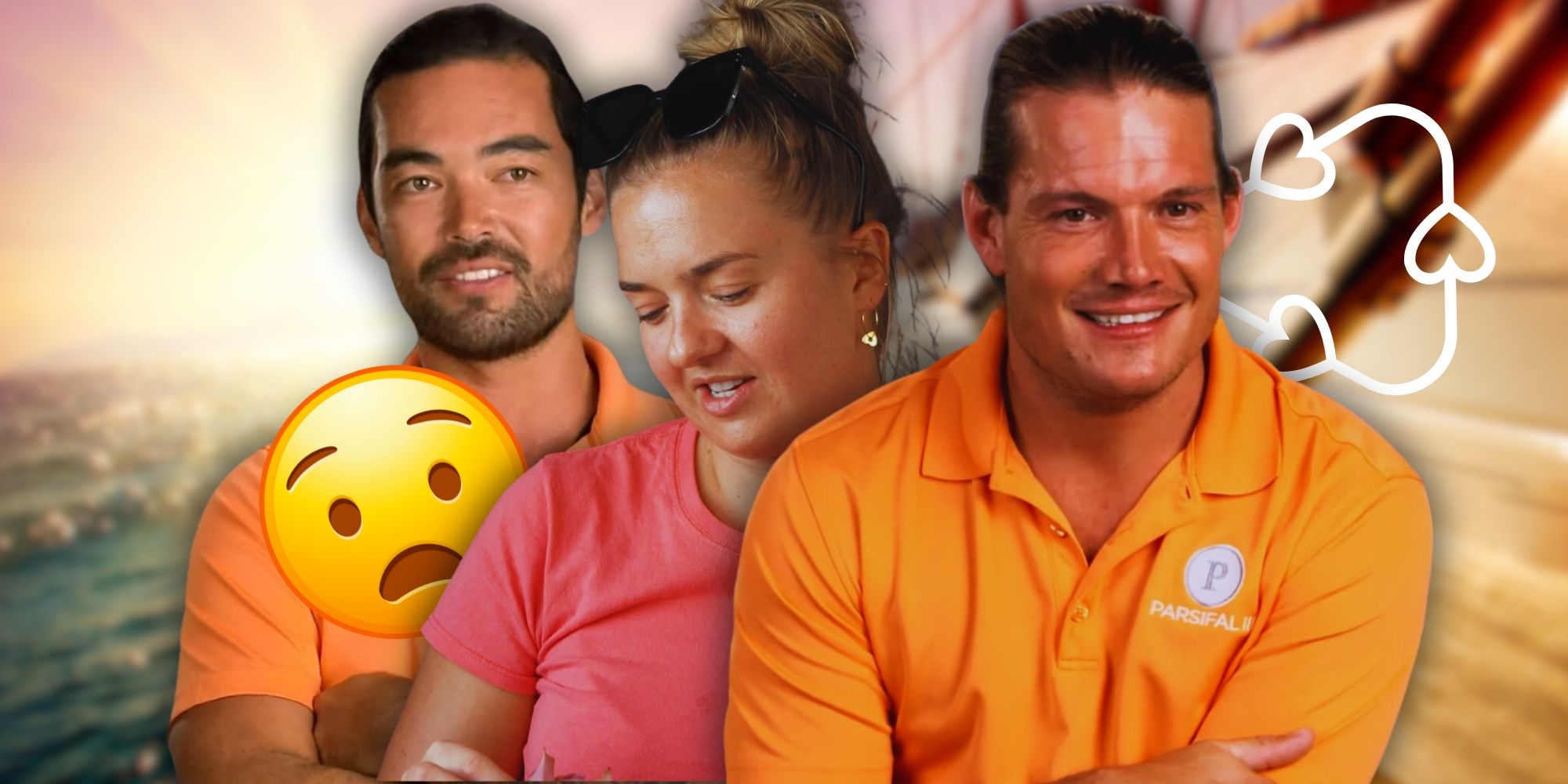 Below Deck Sailing Yacht Season 4's Colin, Daisy and Gary in separate images from the show with sea background