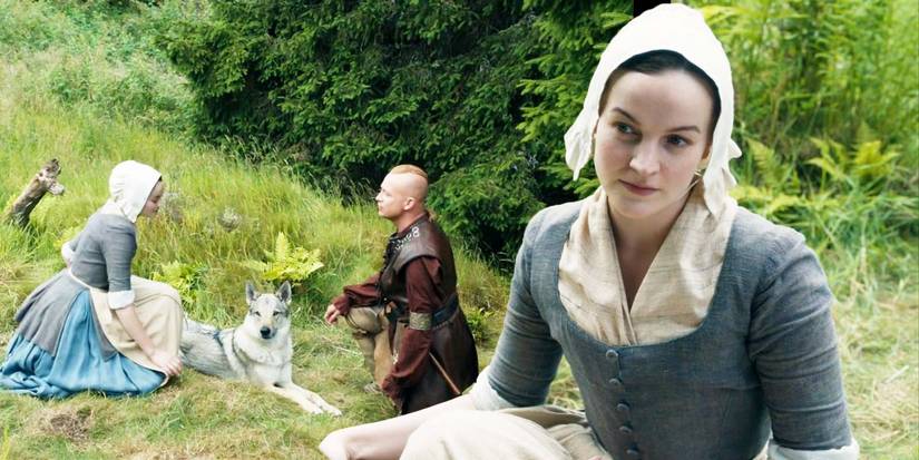 Izzy Meikle-Small as Rachel Hunter and John Bell as Ian Murray in Outlander season 7