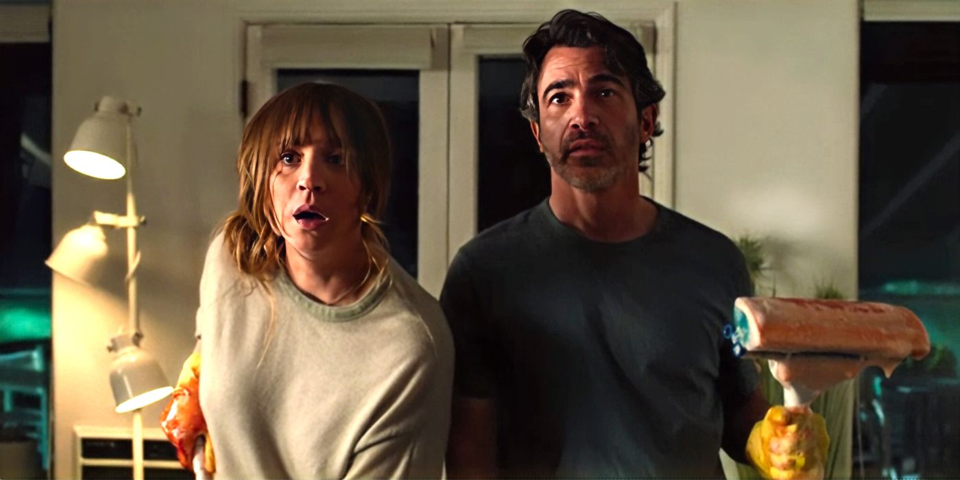 Kaley Cuoco and Chris Messina hold bloody mops while looking distraught in Based on a True Story