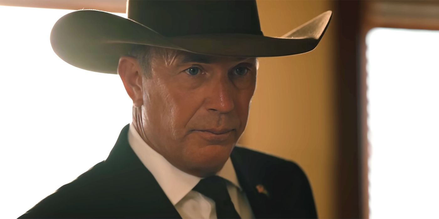 Kevin Costner as John Dutton looking intensely at something off-screen in Yellowstone season 5.