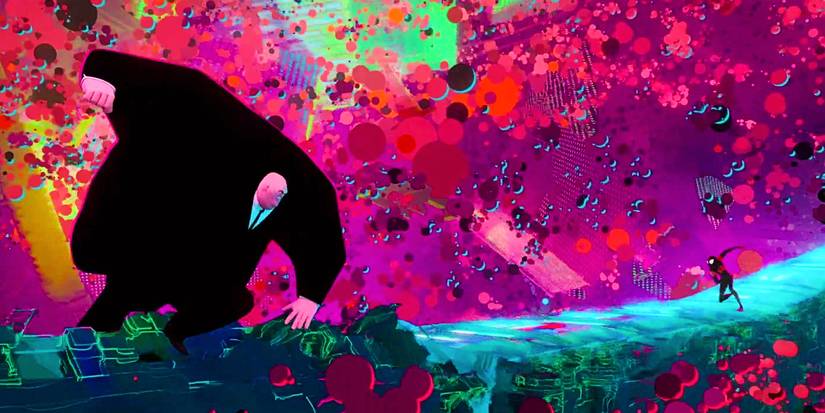 Kingpin fight Miles in front of an abstract pink background in Into the Spider-Verse