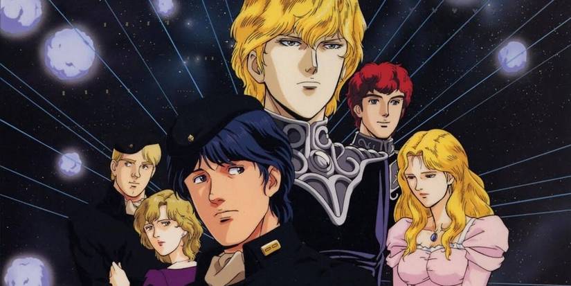 Legend of the Galactic Heroes Cast pictured together in a promotional image against a dark starry night sky.
