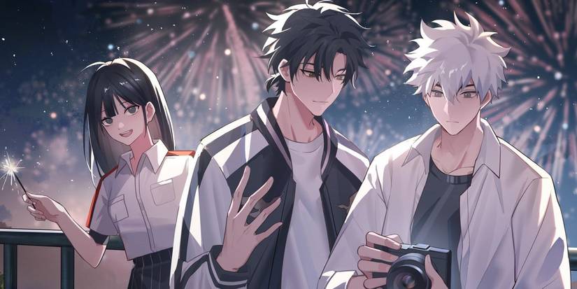 Three characters stand in front of fireworks in Link Click