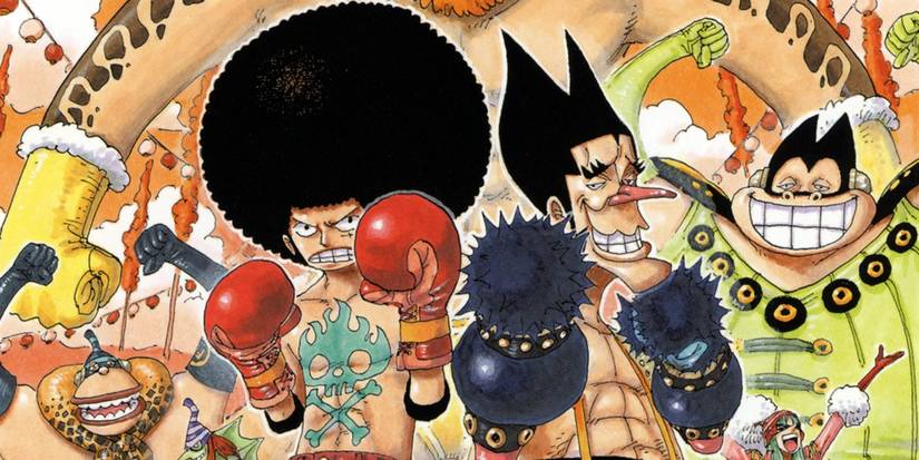 One Piece's Luffy sports and Afros and holds up boxing gloves next to Foxy.
