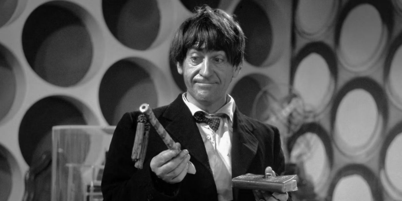 Patrick Troughton as the Second Doctor holds a sonic screwdriver in Doctor Who.