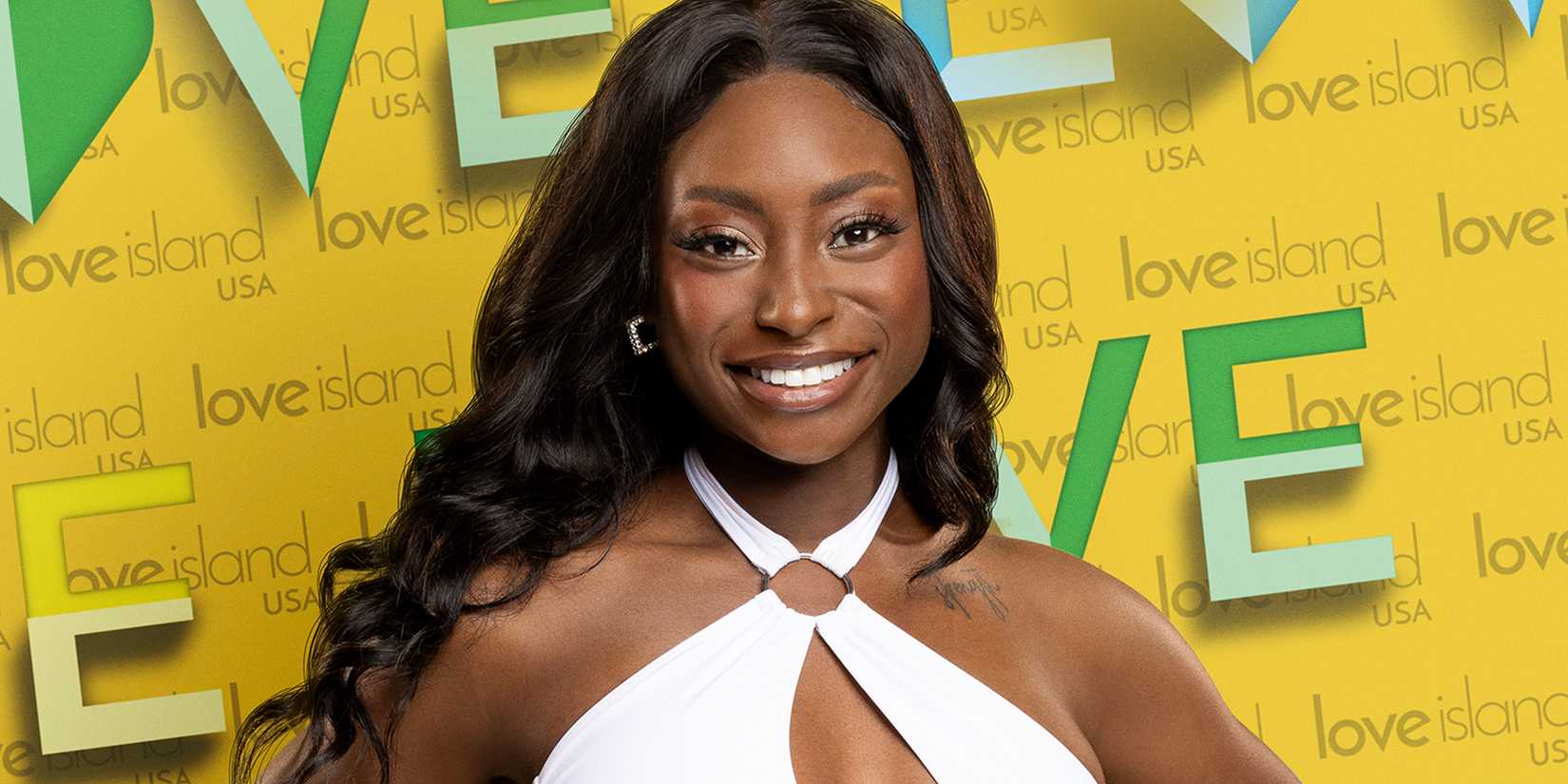 Kay Kay Gray Love Island USA yellow background promo shot smiling in white bathing suit