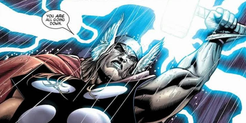 10 Versions of Thor the MCU Needs Thor raising Mjolnir to the sky in the pouring rain, saying: "You are all going down."