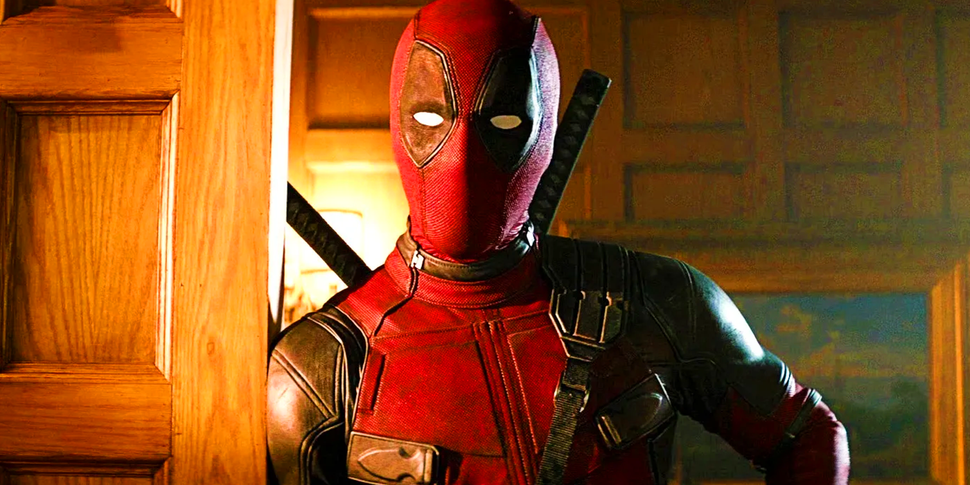 Ryan Reynolds as Deadpool in red and black superhero suit