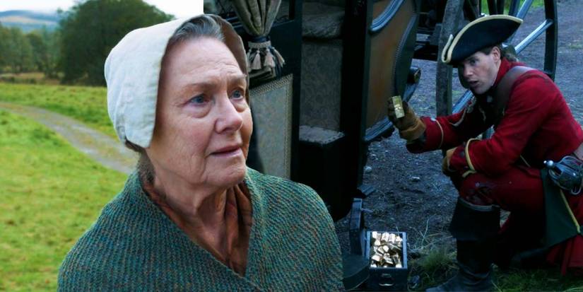 Sarah Collier as Murdina Bug in Outlander season 7, episode 3 and Paul Luebke as a soldier in Outlander season 5