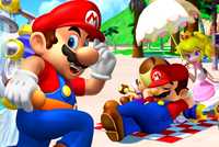 Mario and Toad resting on a beach with peach in the background.