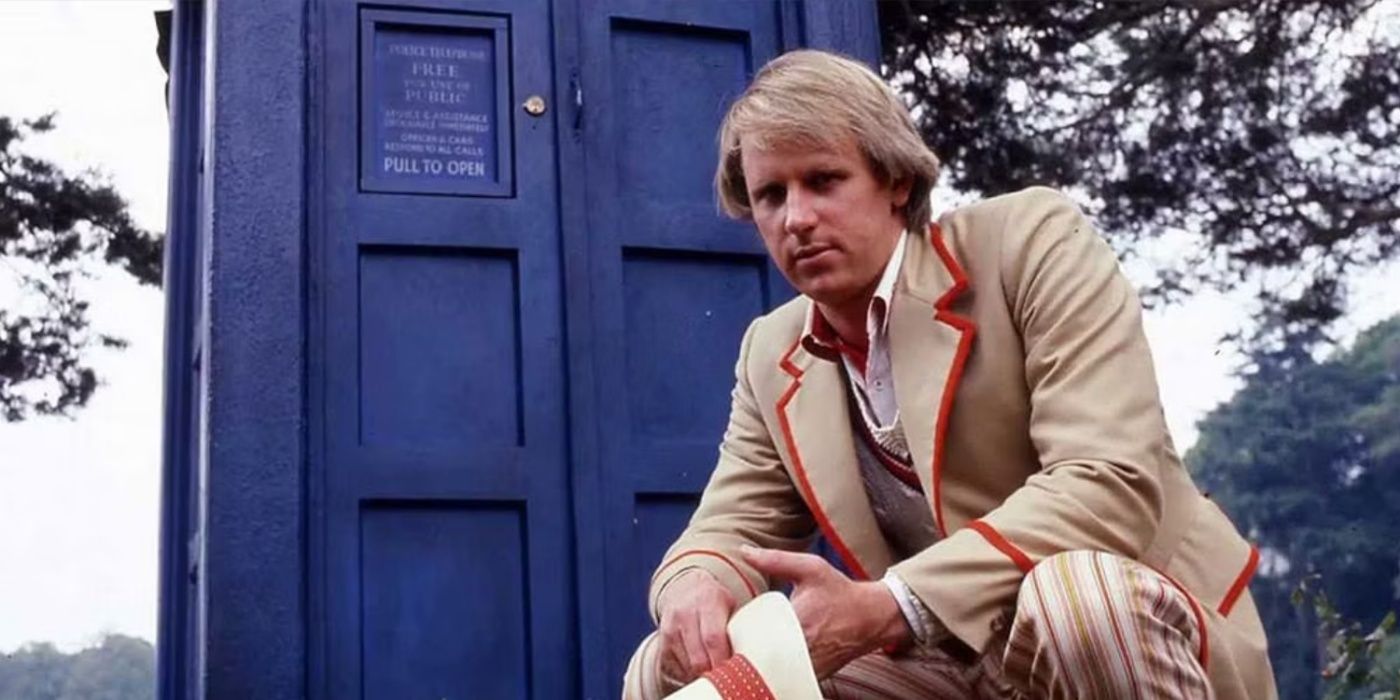 Peter Davison as the Fifth Doctor outside the Tardis