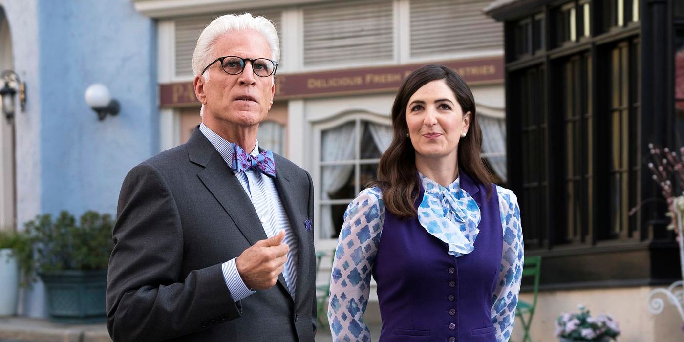 Ted Danson as Michael and D'Arcy Carden as Janet in The Good Place