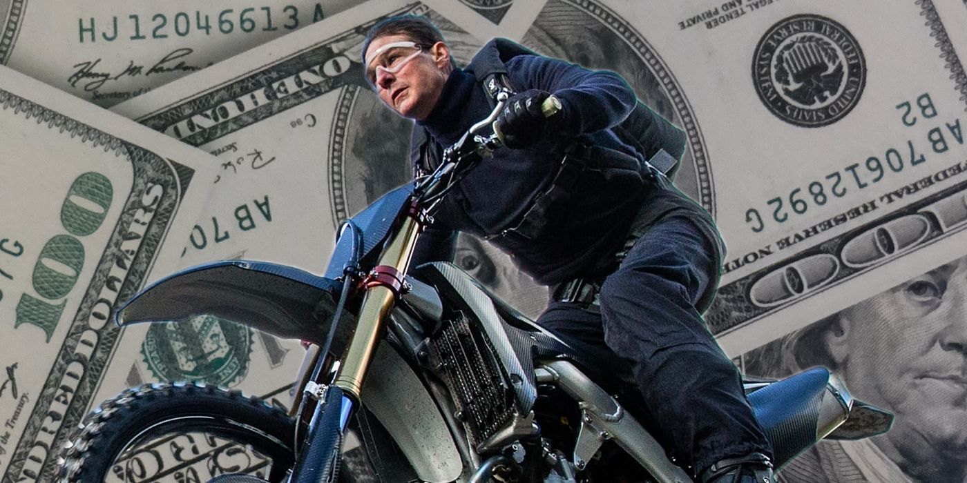 Tom Cruise as Ethan Hunt in Driving a Motorcycle Mission: Impossible – Dead Reckoning Part One superimposed in Front of Money