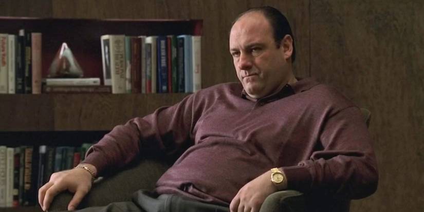 Tony Soprano (James Gandolfini) sitting in Dr Melfi's office in The Sopranos.