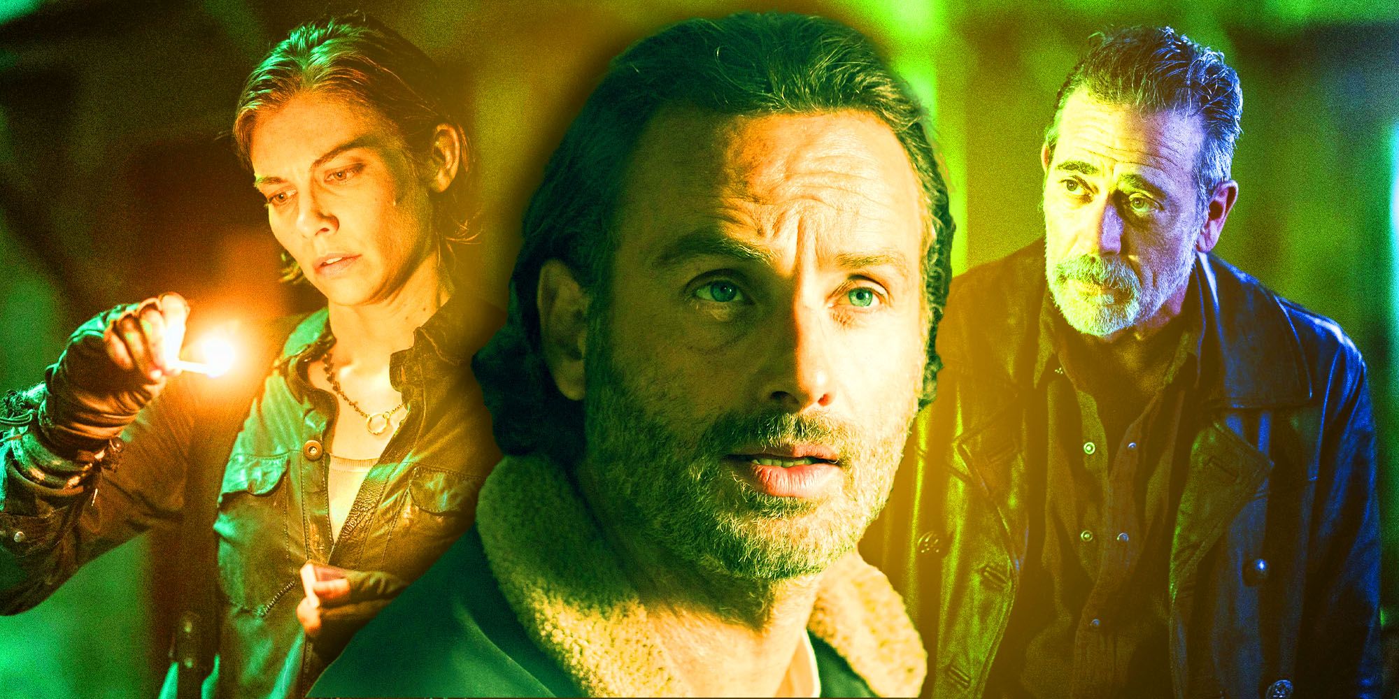 Maggie (Lauren Cohan) holding a match, Rick (Andrew Lincoln) looking confused and Negan (Jeffrey Dean Morgan) looking sad in The Walking Dead