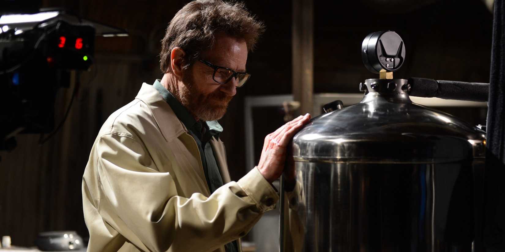 Bryan Cranston as Walt in a meth lab, staring at the equipment and reflecting, in the Breaking Bad finale.