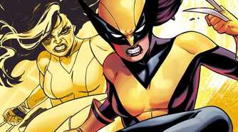 Side-by-side of Laura Kinney out of costume, and in costume as Talon