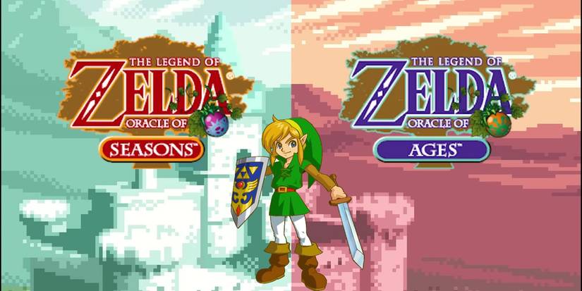 Split screen of the introduction animation for The Legend of Zelda: Oracle of Seasons and Oracle of Ages showing a castle, with the games' logos and art of Link.