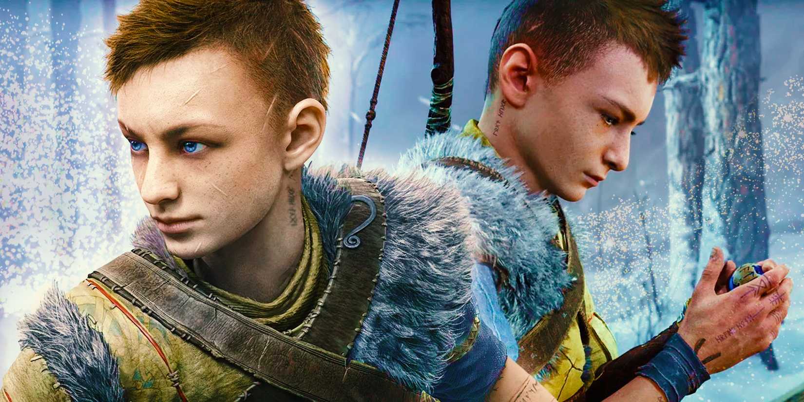 Atreus from God of War Ragnarok in snowy forest. 