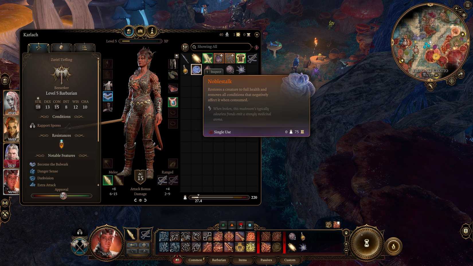 A Noblestalk mushroom in the inventory of Karlach in Baldur's Gate 3.