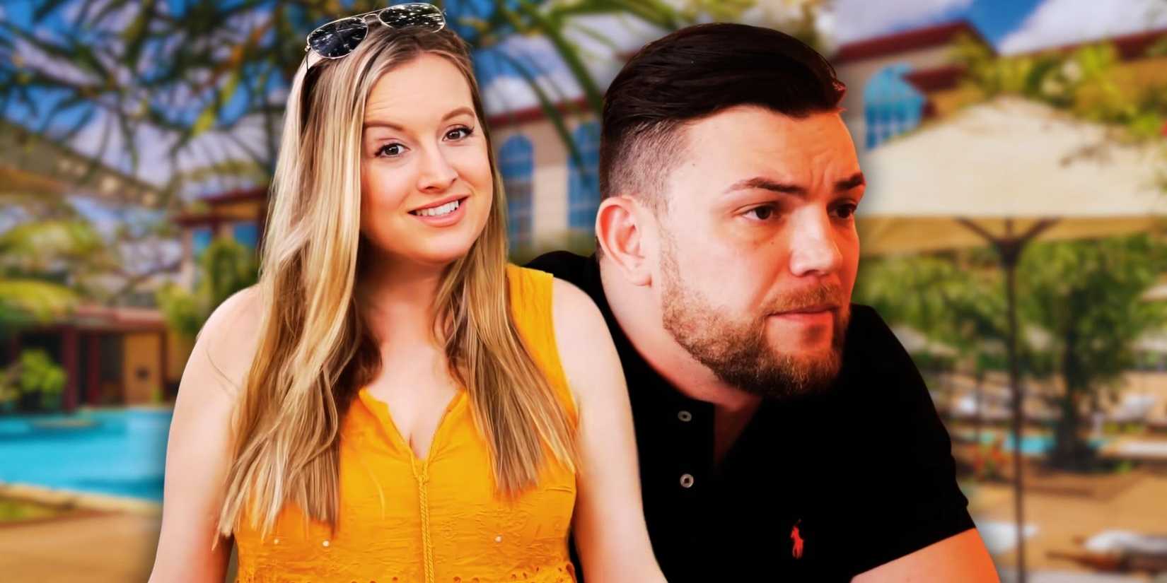 Elizabeth Potthast Andrei Castravet 90 Day Fiancé her in yellow dress him in black shirt tropical background