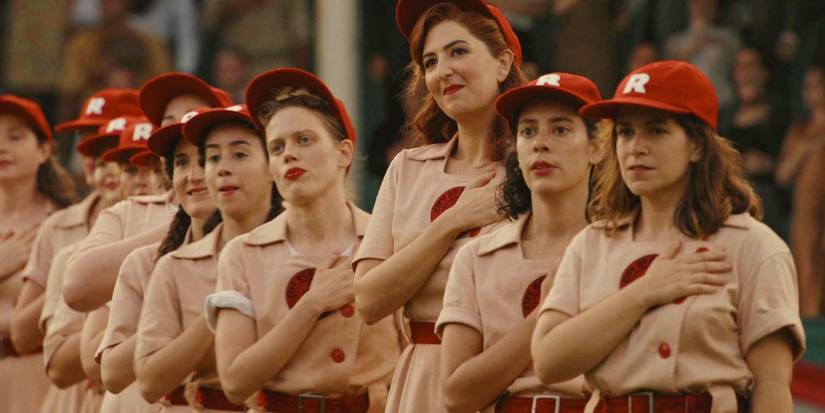 The baseball team during the national anthem in A League of Their Own