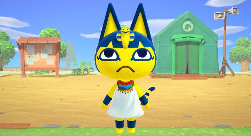 ACNH's Ankha with the starter town hall area and museum tent in the background.