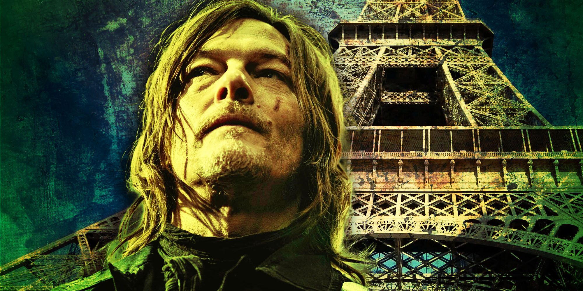 An image of Daryl Dixon in front of the Eiffel Tower in The Walking Dead