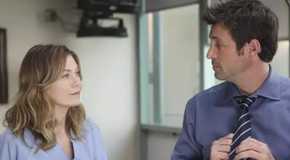 Derek (Patrick Dempsey) and Meredith (Ellen Pompeo) stare at each other in Grey's Anatomy