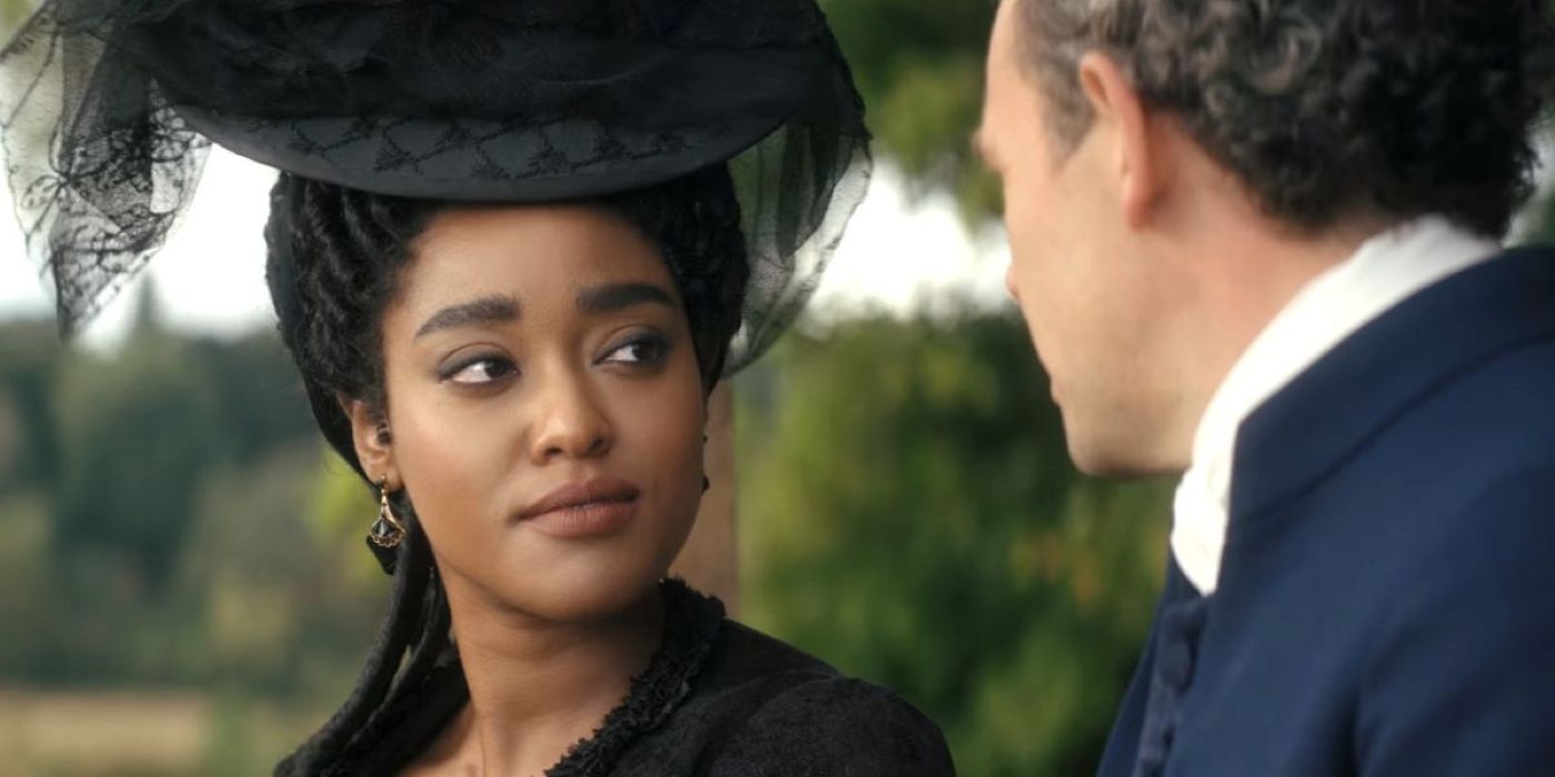 Arsema Thomas as Lady Danbury in black in Queen Charlotte