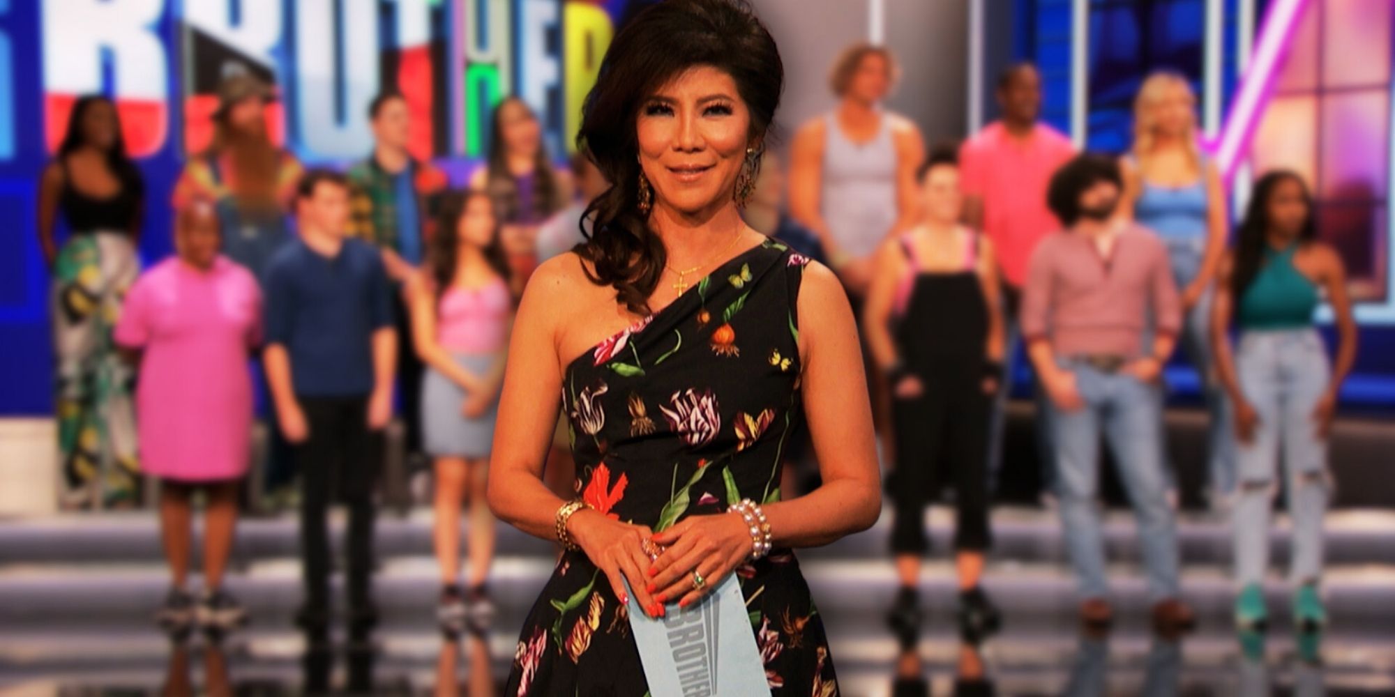 Big Brother 22 host Julie Chen in front of contestants
