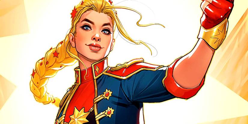 Captain Marvel, with her hair in a long brain, against a bright backdrop