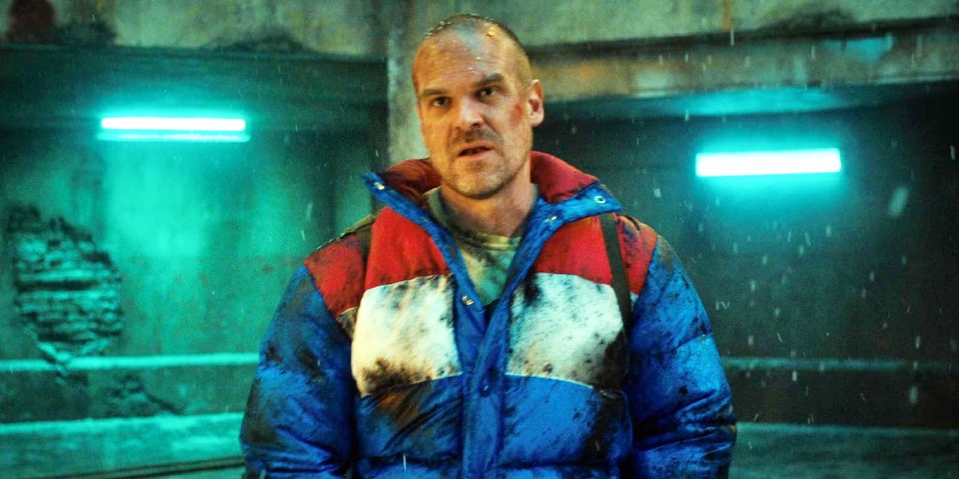 David Harbour as Hopper wearing a winter jacket in Stranger Things season 4.