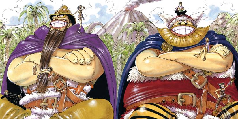 Dorry and Brogy from One Piece sitting while the Straw Hats hang off their bodies in One Piece.