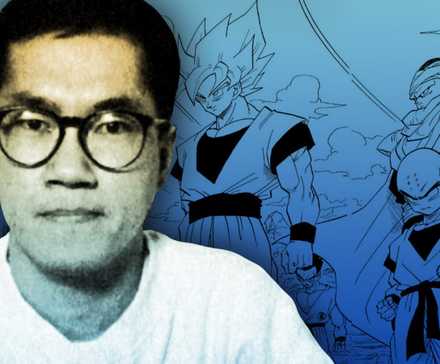 Akira Toriyama over a panel from the Cell Games in Dragon Ball