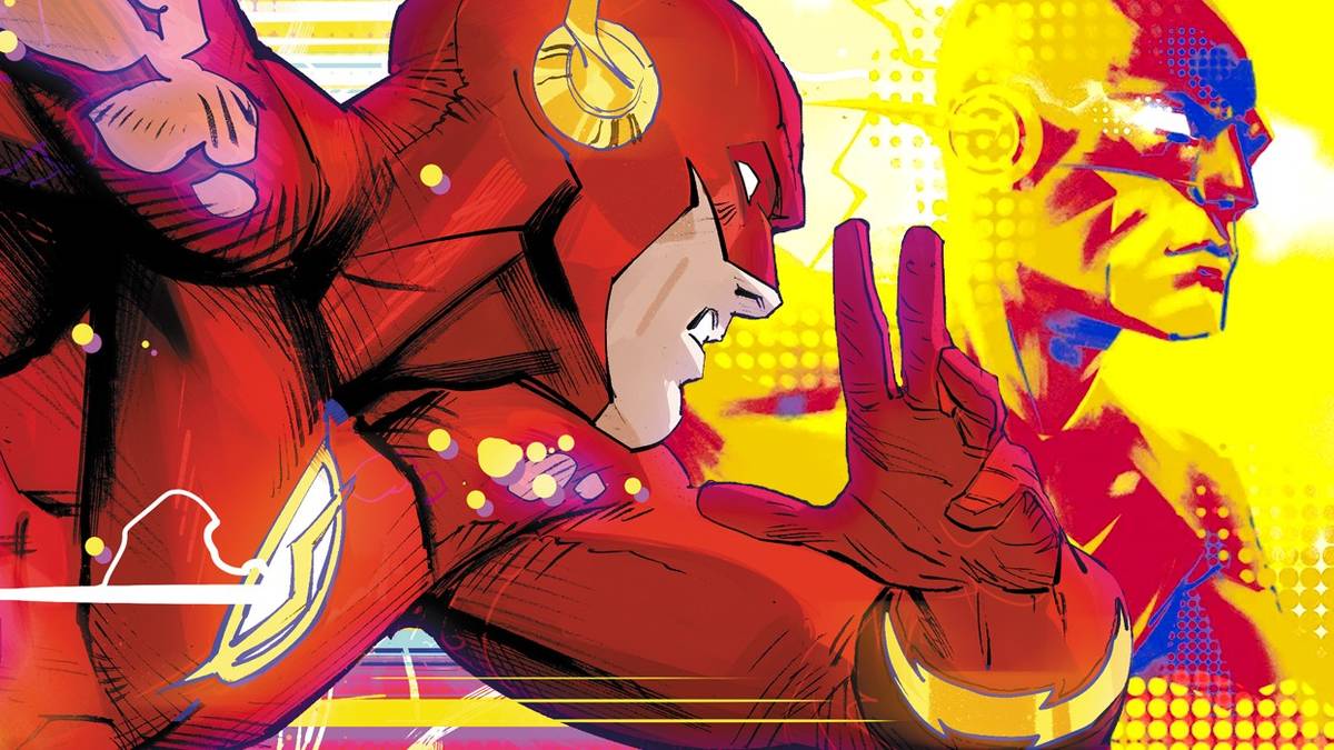 Comic book art: a superhero in a red suit (the Flash) runs with a serious face.