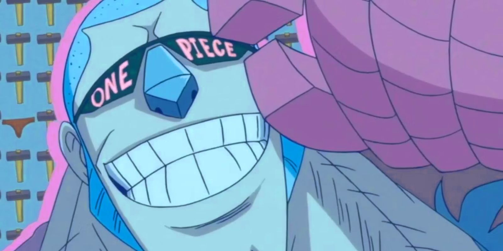 Image from One Piece anime shows the Straw Hat's Shipwright Franky wearing some sunglasses that say 