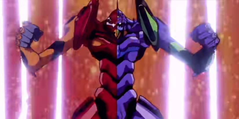 Half of Asuka's EVA alongside half of Shinji's EVA from Neon Genesis Evangelion.