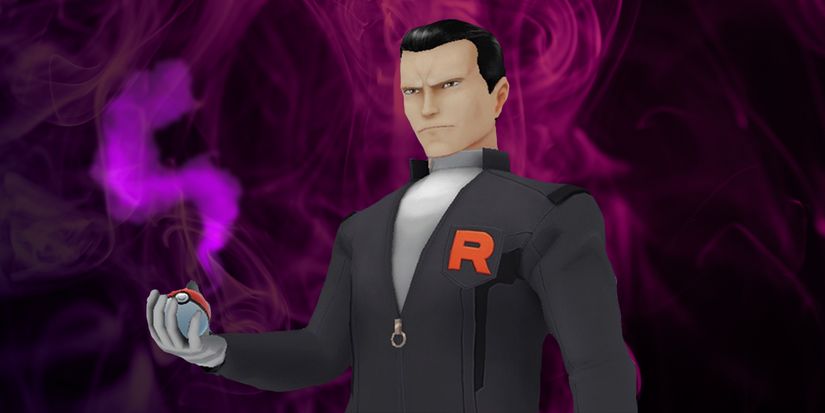 Giovanni from Pokémon GO with a mysterious purple background