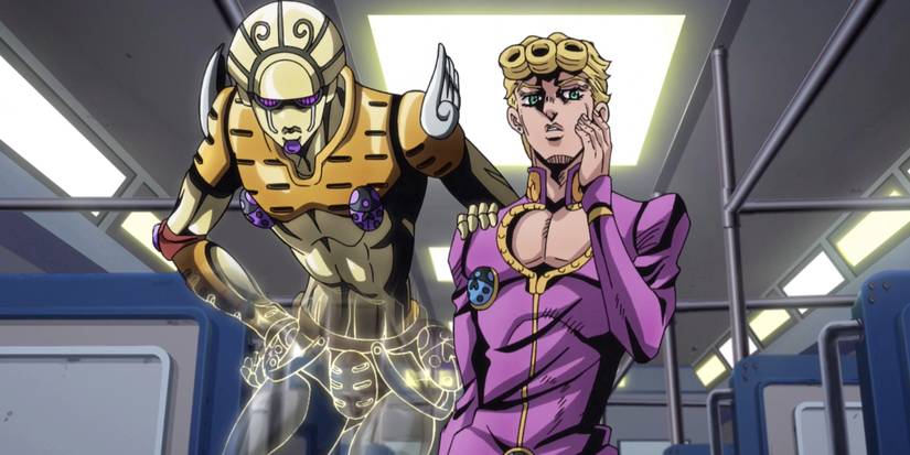 JoJo's Bizarre Adventures' Giorno Giovanna on a train with Golden Experience next to him.