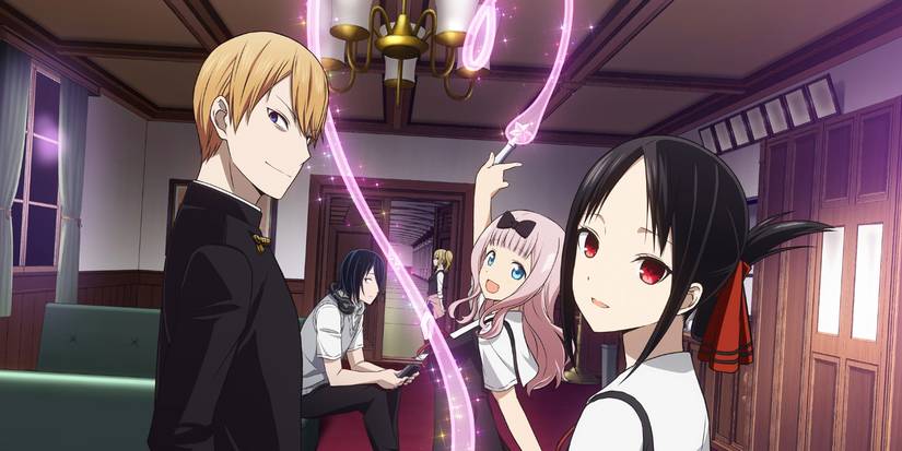 Kaguya-sama Love is War Official Art featuring the main cast looking towards the front of the frame, and Chika drawing a heart with her hand.