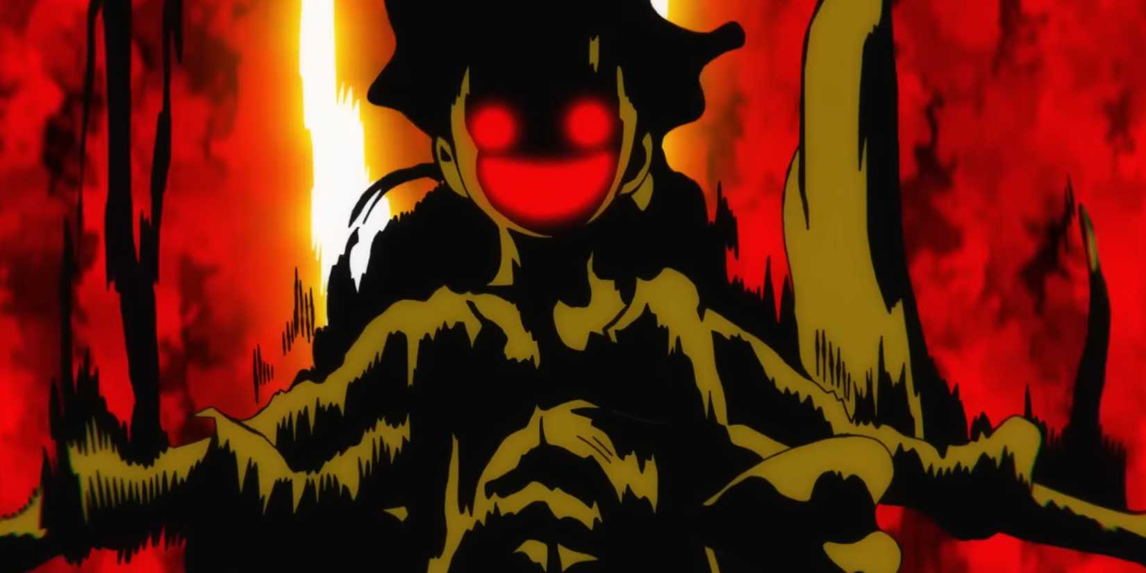 Image from One Piece preview of Gear 5 show Luffy smiling with a red glow coming from his eyes and mouth while he pulsates with black aura and a read fiery background.